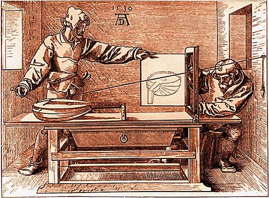 Gravure sur bois d'Albrecht Dürer montrant l'utilisation de la géométrie projective en dessin.